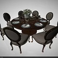Elegant Round Dining Table Set With Six Upholstered Chairs And Floral Centerpiece