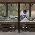 Japanese Restaurant Interior With Bar Counter Wine Bottles And Traditional Screens