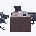 Modern Wooden Office Desk With Computer Monitor Desk Lamp And Gray Chairs