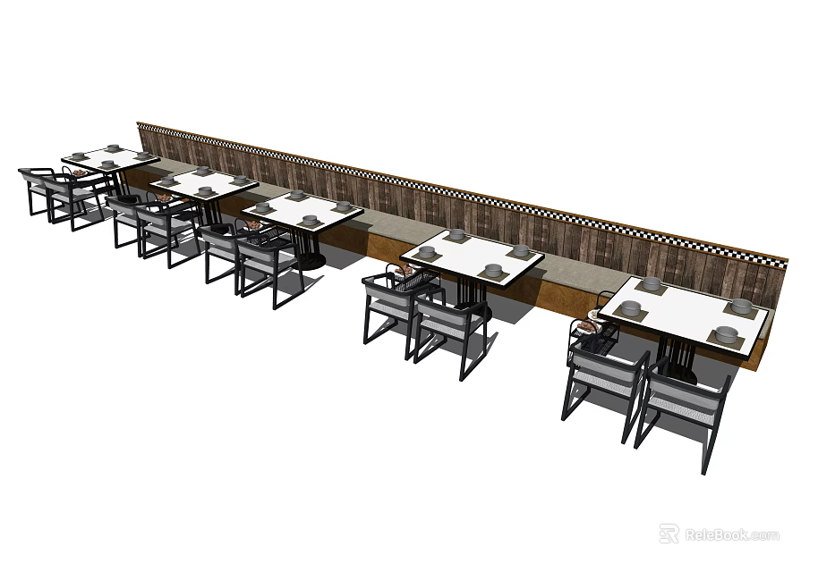 Modern Dining Table Set With Wooden Tables Matching Chairs And Wall Seating 3d model