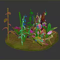 Small Plant Landscape With Green Grass Purple Flowers Brown Branches And Green Leaves
