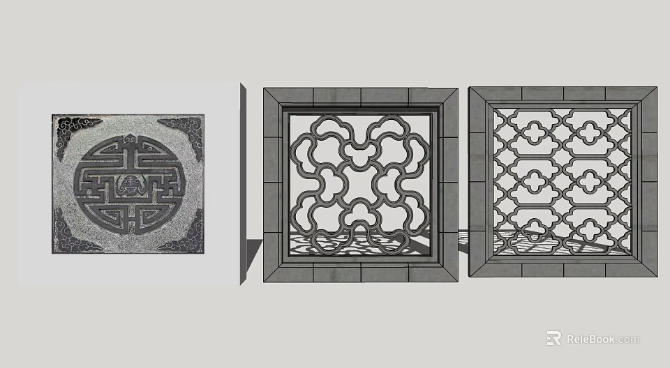 Traditional Chinese Lattice Windows Featuring Intricate Floral And Geometric Symmetrical Patterns 3d model 