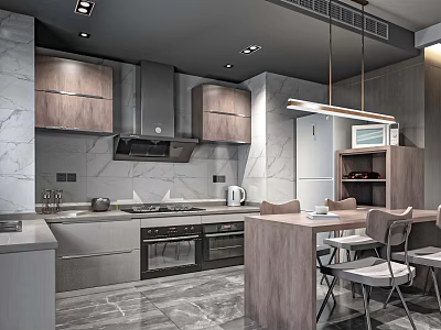 Modern Restaurant Kitchen With Open Layout Marble Countertop Cabinets Island Pendant Light And Dining Chairs 3d model