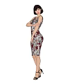 Woman In Floral Dress With Three Angles Front Side Back Views Wearing Black High Heels