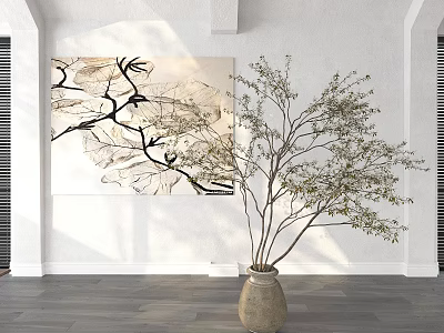 Large Potted Plant in Terracotta Pot with White Wall Tree Branch Painting and Gray Wooden Floor 3d model
