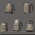 Stylish Beige Kettles Arranged On Gray Shelves With Modern Designs