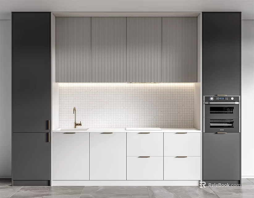 Modern Kitchen Interior With Sleek Black White Gray Lighted Cabinets And Oven 3d model 
