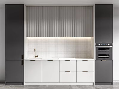 Modern Kitchen Interior With Sleek Black White Gray Lighted Cabinets And Oven 3d model