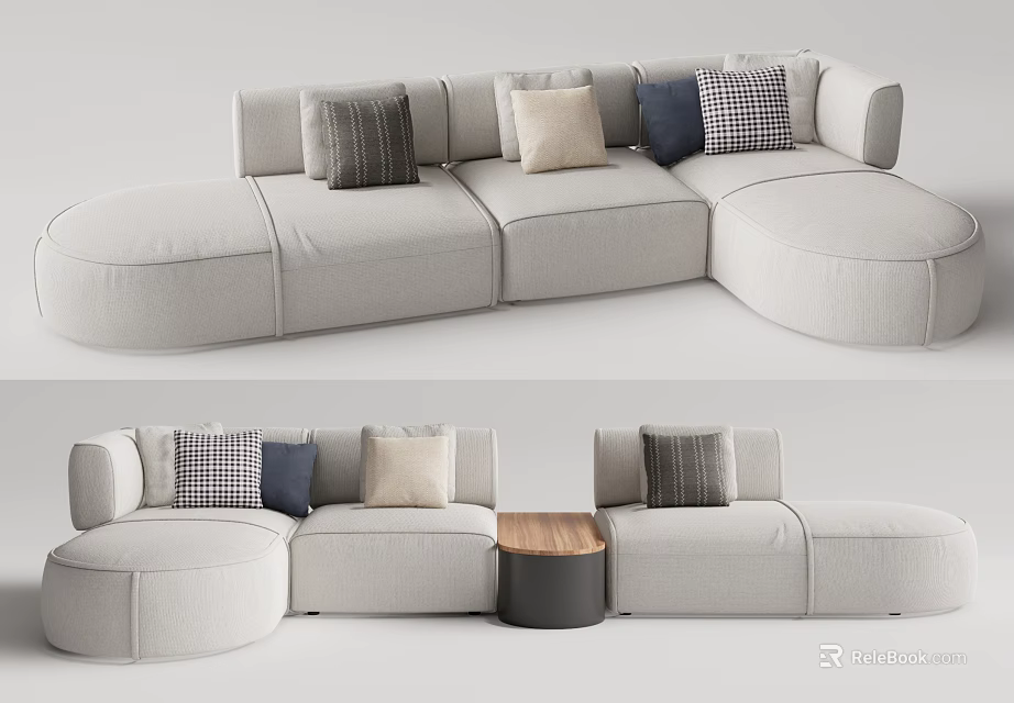 Beige Sectional Sofa With Colorful Cushions And Round Wooden Side Table 3d model 