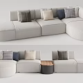 Beige Sectional Sofa With Colorful Cushions And Round Wooden Side Table