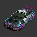 Custom Racing Car With Iridescent Purple Blue Paint Rear Spoiler And Colorful Alloy Wheels