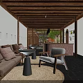 Traditional Japanese Café with Courtyard Wooden Design Stone Path Green Plants Sofas and Serene Atmosphere