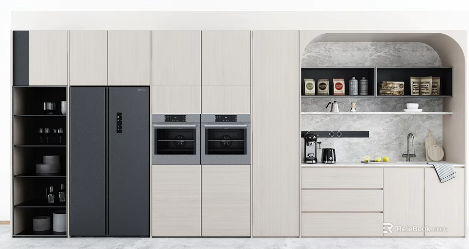 Modern Kitchen Sideboard In Light Wood With Open Storage Shelves Coffee Maker And Ovens 3d model 