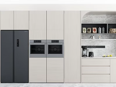 Modern Kitchen Sideboard In Light Wood With Open Storage Shelves Coffee Maker And Ovens 3d model