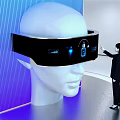 Modern Art Installation With White Head Sculpture VR Headset Blue Digital Interface And Interaction