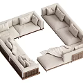Modern Sectional Sofa With Light Colored Cushions Wooden Frame And Plaid Throw Blanket