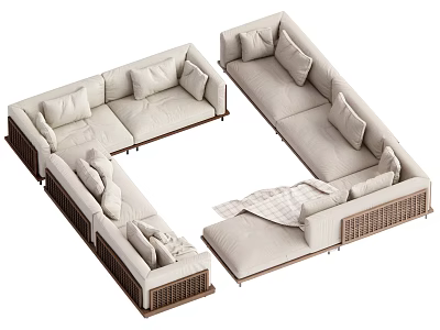 Modern Sectional Sofa With Light Colored Cushions Wooden Frame And Plaid Throw Blanket 3d model