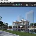Modern Two Story Sales Office Building With Large Glass Facade Water Pool And Greenery