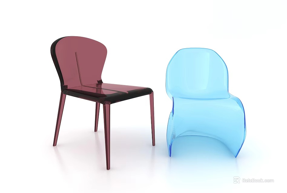 Modern Transparent Plastic Leisure Chair In Dark Red And Light Blue Curved Design 3d model 