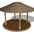 Traditional Outdoor Gazebo Featuring Thatched Roof Wooden Pillars And Circular Wooden Base