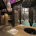 Modern Hot Pot Restaurant With Neon Signs Staircase Blue Chairs And Wooden Dining Tables