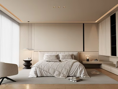 Modern Bedroom Interior Design With Neutral Tones Bed Nightstands Armchair Built-in Cabinetry And Rug 3d model