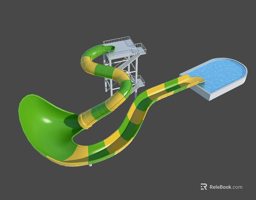 Colorful Green And Yellow Striped Spiral Water Slide With Platform And Blue Pool 3d model 