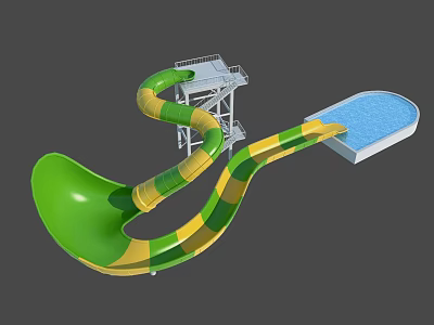 Colorful Green And Yellow Striped Spiral Water Slide With Platform And Blue Pool 3d model