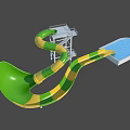 Colorful Green And Yellow Striped Spiral Water Slide With Platform And Blue Pool