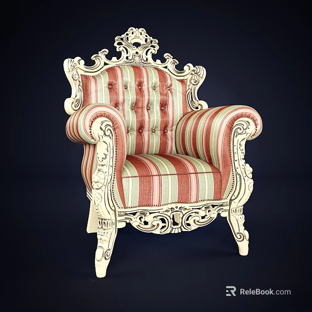 Ornate Classical Armchair With White Carved Frame Striped Red Green Fabric And Button Tufted Design 3d model 