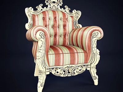 Ornate Classical Armchair With White Carved Frame Striped Red Green Fabric And Button Tufted Design 3d model