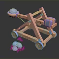Ancient Wooden Catapult Weapon With Wheeled Structure And Stone Projectiles