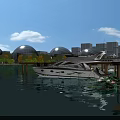 White Yacht Anchored by Pier with Dome Structures and City Buildings