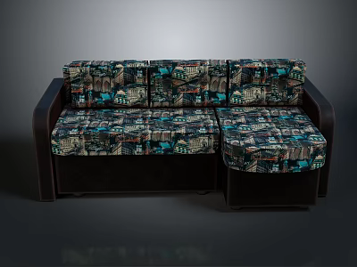 Stylish L Shaped Sofa With Dark Wooden Frame And Patterned Upholstery 3d model