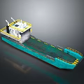 Industrial Barge With Blue Green Hull Yellow Railings And Deck Equipment