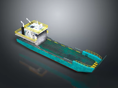 Industrial Barge With Blue Green Hull Yellow Railings And Deck Equipment 3d model