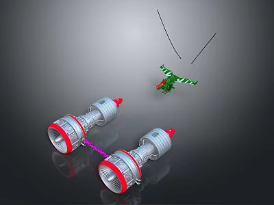 Two Silver Rocket Engines With Red Tips And Green Aircraft 3d model