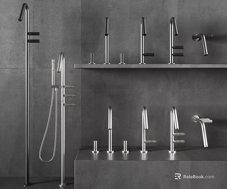 Modern Shower Room Faucets Display On Sleek Metallic Shelves With Grey Background 3d model 