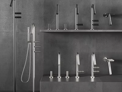 Modern Shower Room Faucets Display On Sleek Metallic Shelves With Grey Background 3d model