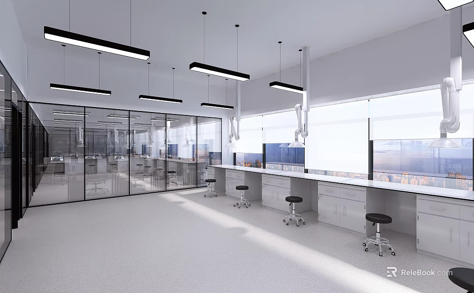Modern Laboratory Interior Design With Glass Partitions Long Workbenches And Hanging Lights 3d model 