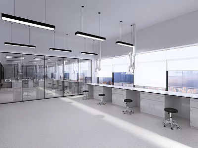Modern Laboratory Interior Design With Glass Partitions Long Workbenches And Hanging Lights 3d model