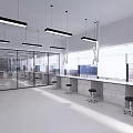 Modern Laboratory Interior Design With Glass Partitions Long Workbenches And Hanging Lights