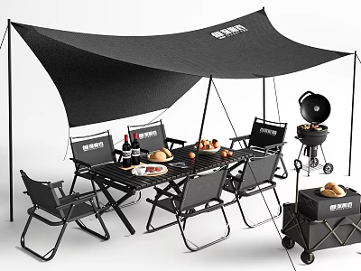 Sturdy Black Outdoor Chairs With Shade Canopy Table Grill And Food Items 3d model