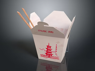 Shanghai Themed Tableware Set With Takeout Box Chopsticks And Red Pagoda Design 3d model