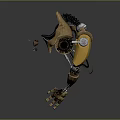 Character With Biomechanical Prosthetic Leg In Dark Background Featuring Yellow Brown Metal Components And Fragments