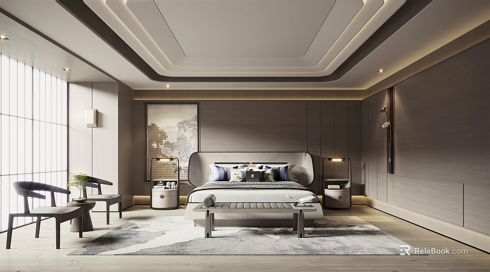 Elegant Modern Bedroom Interior Design With Comfortable Bed Bedside Tables Area Rug And Wall Painting 3d model 