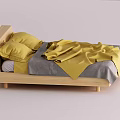 Double Bed With Wooden Frame Yellow Pillows And Gray Bed Sheets 3d model