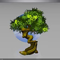Decorative Tree with Curved Trunk and Green Leaves Yellow Leaf Accents Against Blue Circular Background