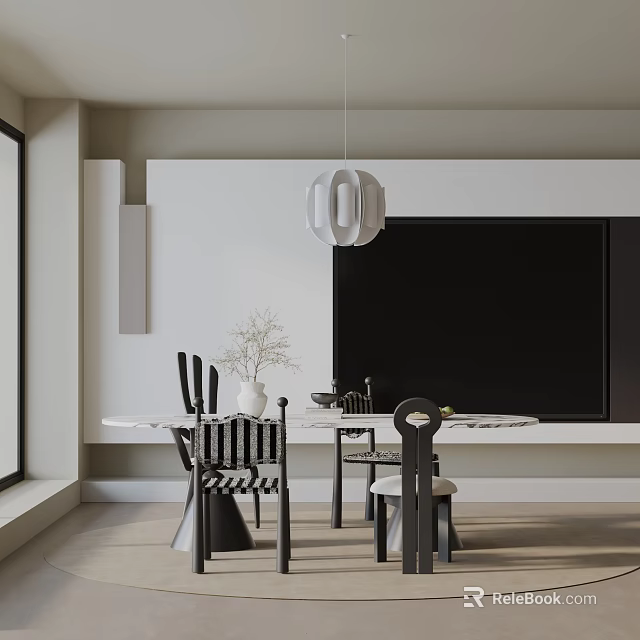Modern Minimalist Dining Table Set with Chairs Pendant Light and Vase in Interior 3d model 