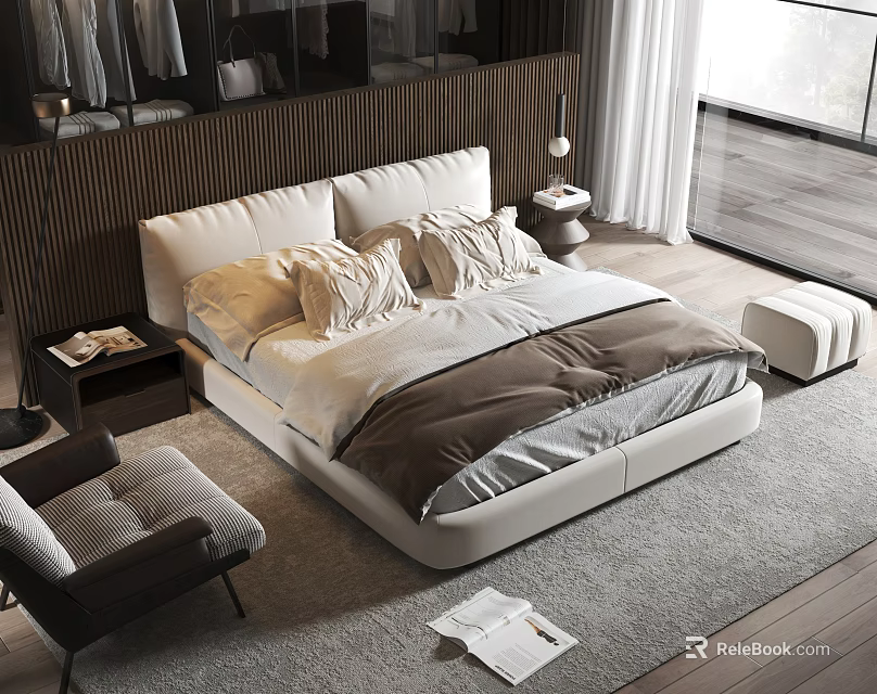 Modern Double Bed with Wooden Headboard Plush Bedding and Accent Chair in Bright Bedroom 3d model 
